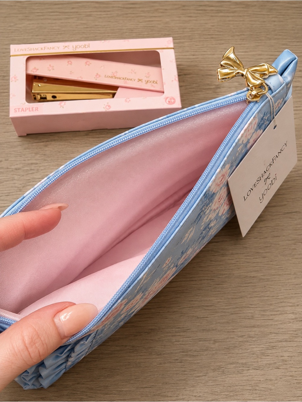 Blue Floral Ruffled Accessory Pouch & Pink Stapler Gift Set - Picture 3 of 11